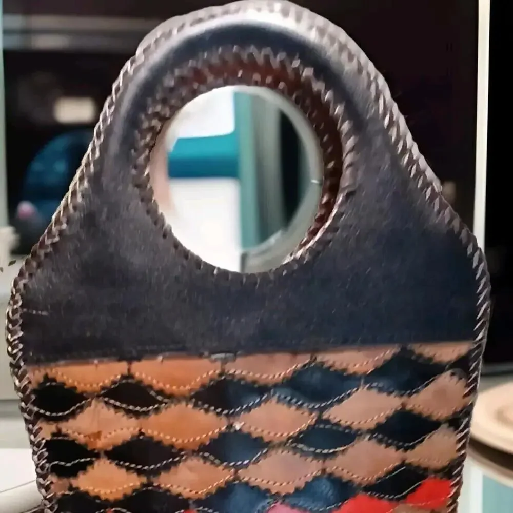 Chui African Vintage Leather Handbag. Patchwork Stitch 70s Purse. One Of A‎ Kind